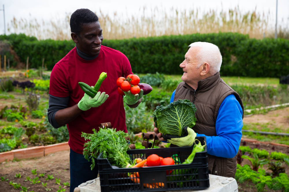 Young man and a older man laughing while chopping vegetables for a meal.